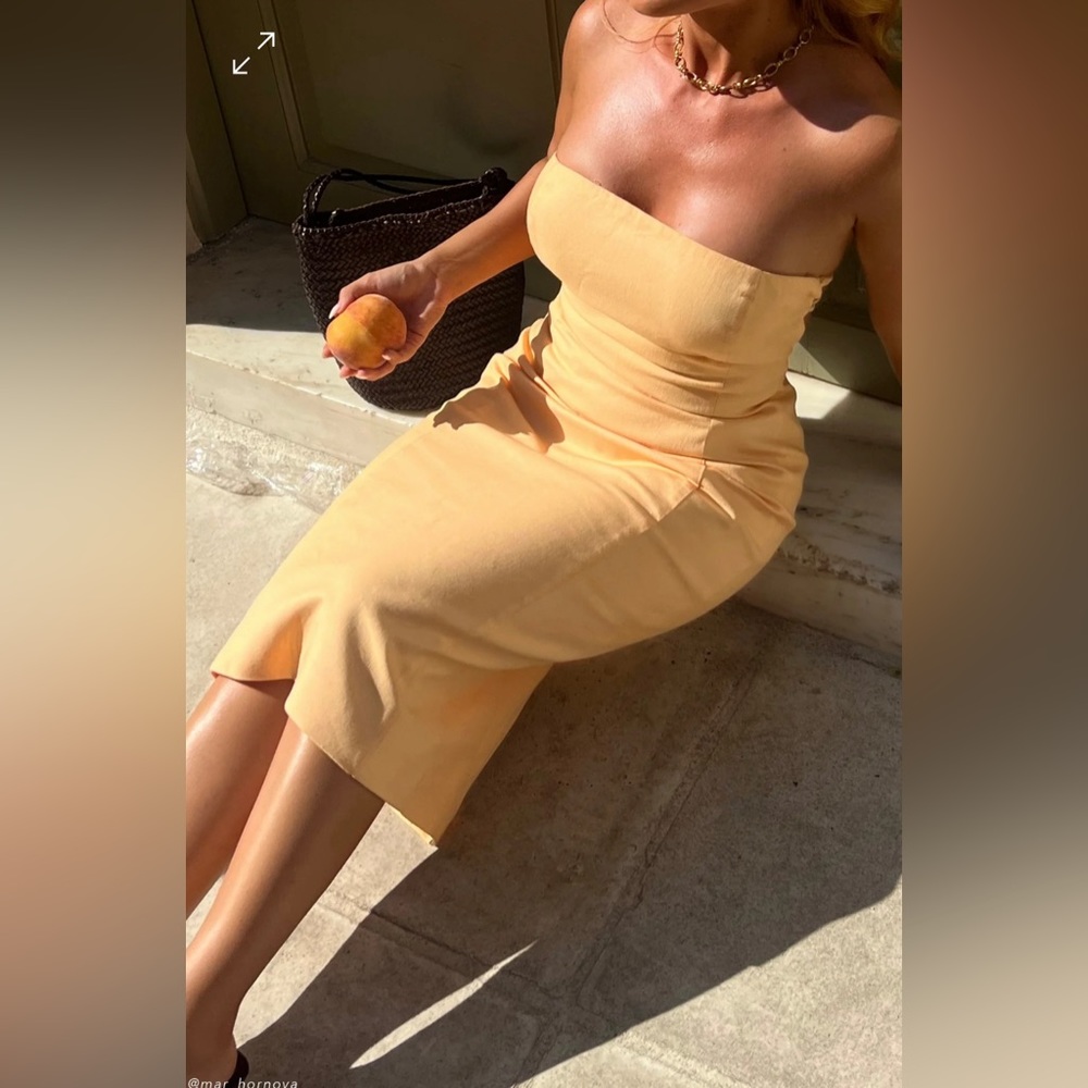 Meshki Linen Strapless Midi Dress in Mango